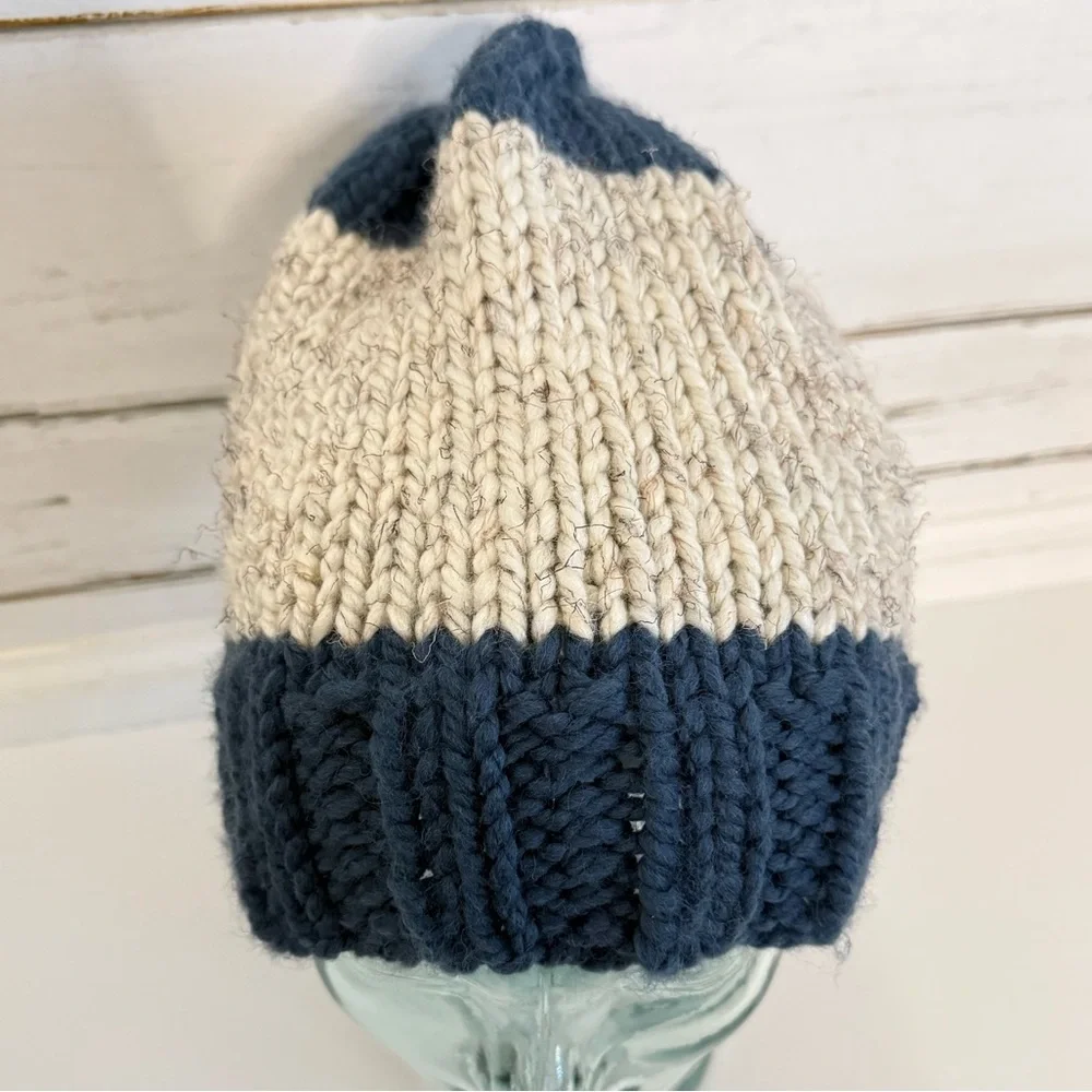 Handmade Knit Beanie • Navy & Cream Colorblock • Cozy Winter Hat